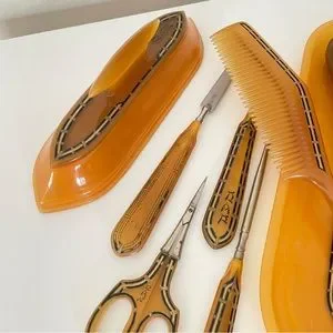 Vintage Set Of 9 Womens Amber Pyralin LaBelle Celluloid Art Deco Dresser Vanity Accessories | Vintage Set Of 9 Womens Amber Pyralin Labelle  main image 3